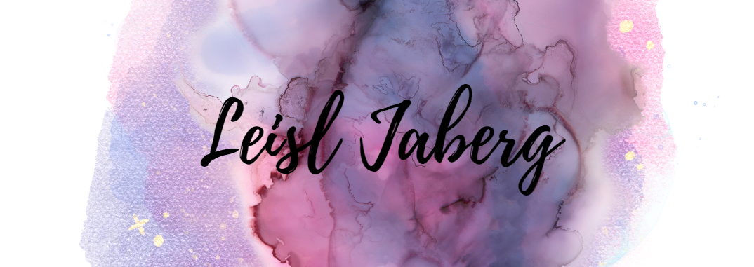 purple and blue swirly background on white, with "Leisl Jaberg" in black, almost-cursive font.