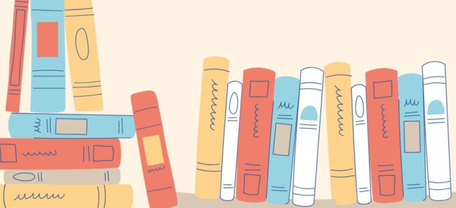 Shelf of books with no titles in blue, orange, yellow, and white.