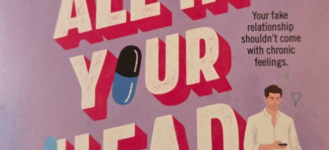 Purple, white, Dark pink, blue cover of "It's All in Your Head: a novel" by Sabina Nordqvist. The cover includes images of Skylar and Pike the main characters. They are both "white". Skylar is laying against a pillow wearing a blue long sleeved shire, gray leggings, and white socks with awareness ribbons on them. Pike is wearing a white button up shirt with blue jeans and sneakers. He has his phone in his right hand and his cane in in his left. there is a blue snowboard next to the H in the ittle, and a black and blue pill in place of the O in your.